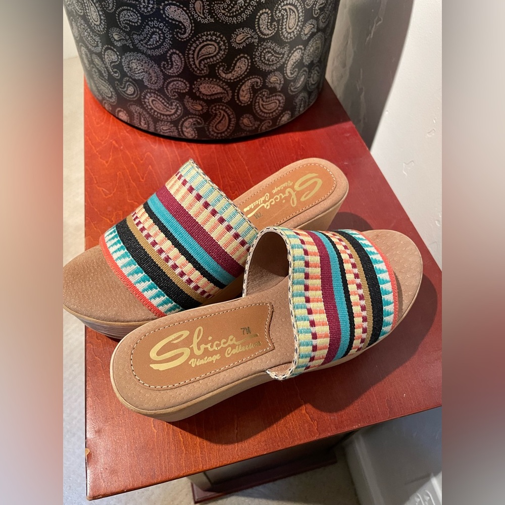 Sbicca Vintage Collection Platfrom Chunky Sandal Women’s Teal Multi Size 7M